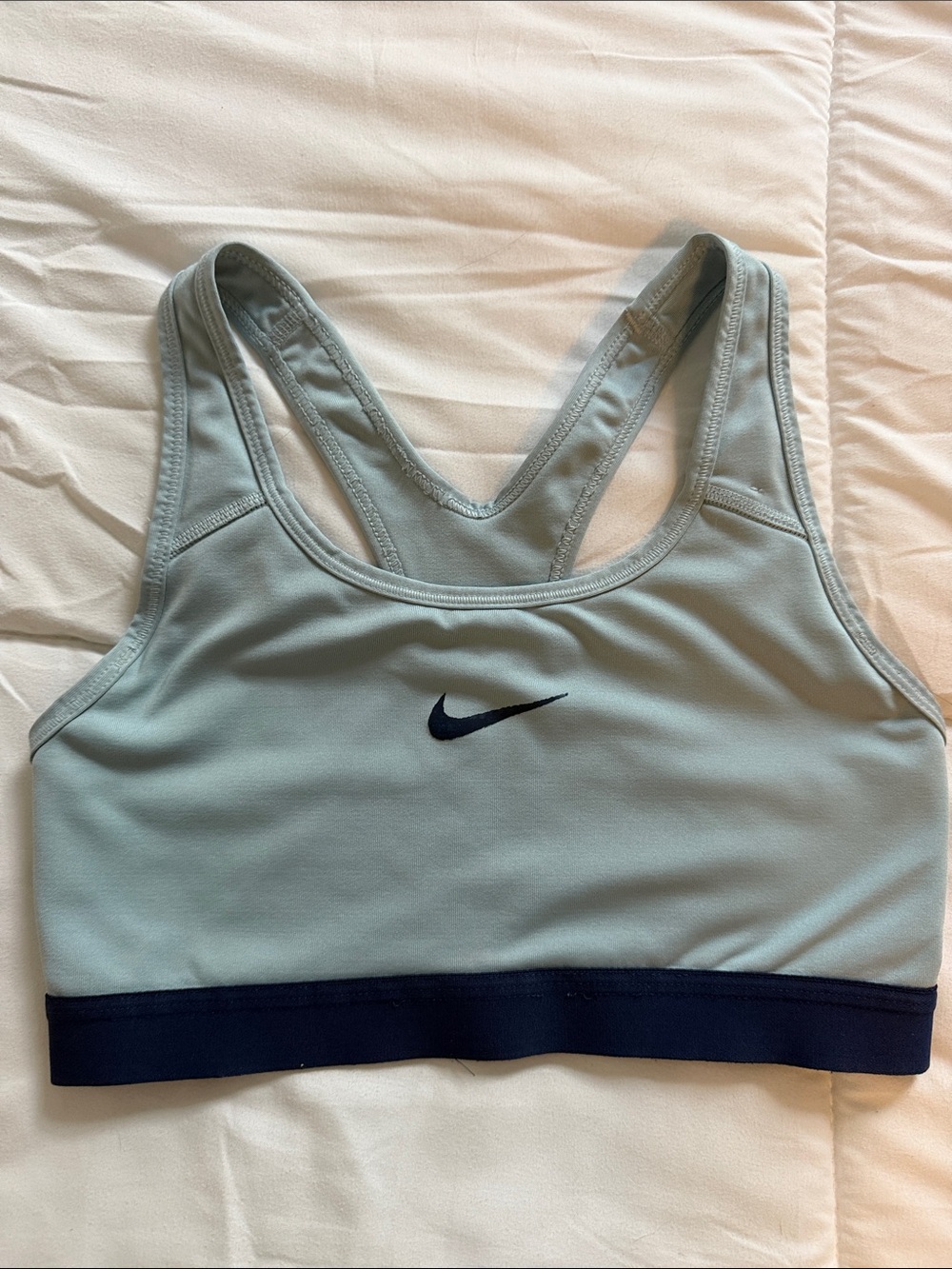Nike Light Blue Sports Bra with Navy Swoosh and Band